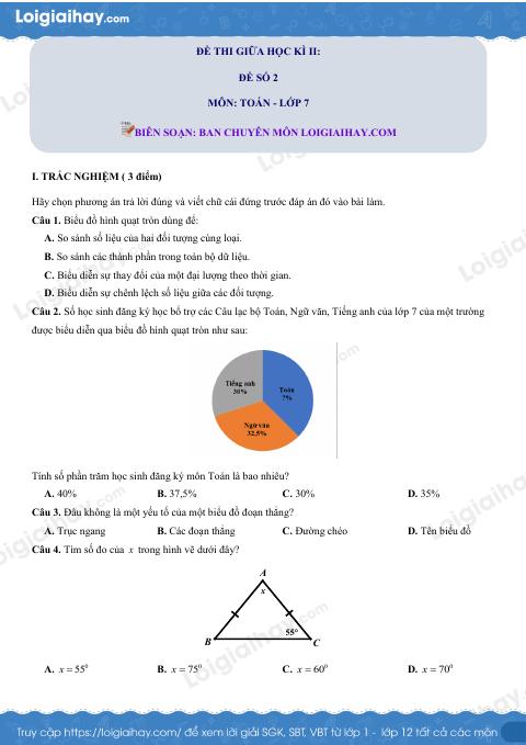 Đề thi giữa kì 2 Toán 7 - Đề số 2 - Cánh diều
